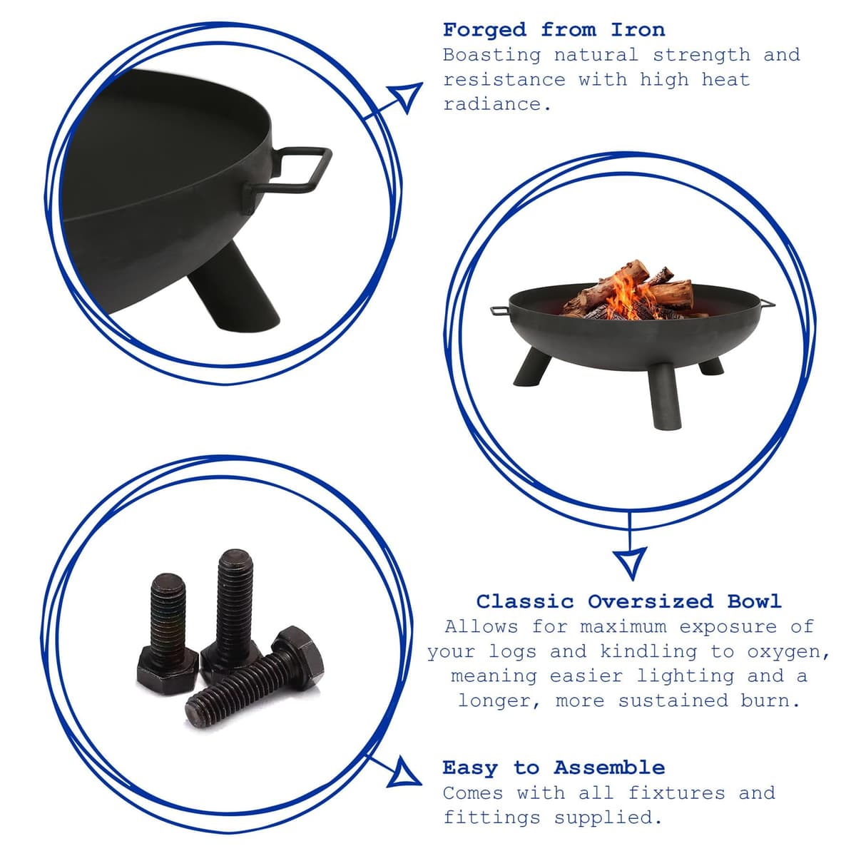 Hammer & Tongs 68cm Iron Fire Pit - Medium Outdoor Round Garden Fire Bowl Brazier Garden Patio Heater Stove for Wood Logs, Charcoal Burning, BBQ, Camping Firepit — view 2