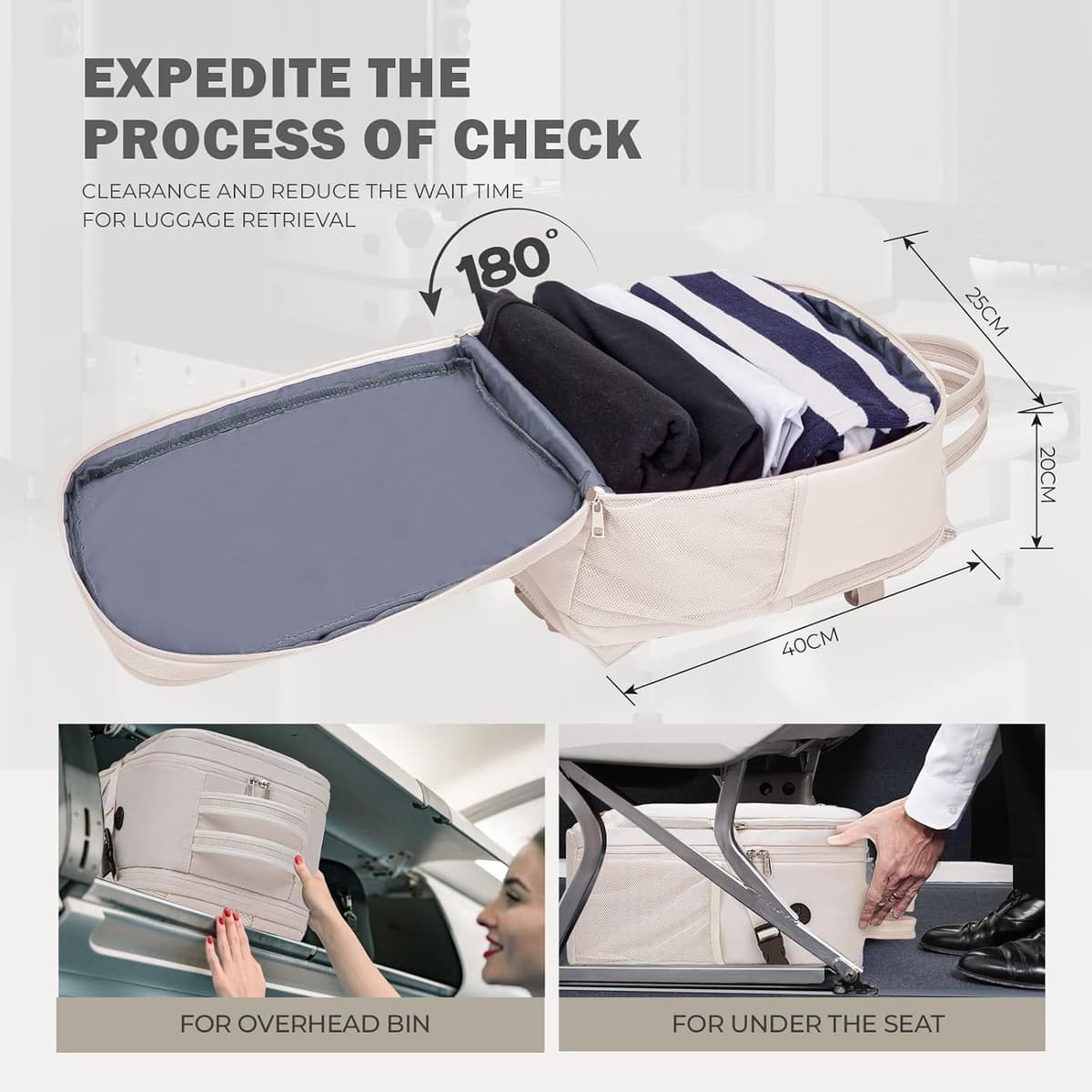 VMIKIV for Ryanair Cabin Bags 40x30x20 Underseat 40x20x25 Carry On Bag for Wizz Air,Small Travel Backpack Cabin Size for Vueling Men Women,Under Seat Hand Luggage for Wizzair Airlines Weekend Beige 40x20x28cm — view 3