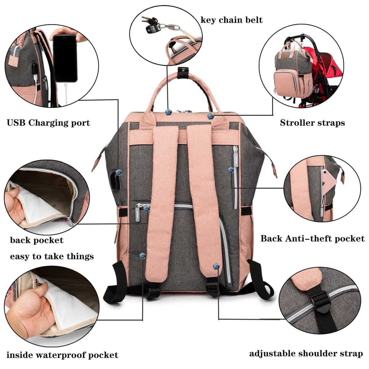 Ankommling Multifunción pañal bolsa de pañales cambiador de viaje, gran capacidad mochila bolsa reutilizable, ligero elegante Durable Mochila con bolsillo botella aislante para mamá y papá — view 3