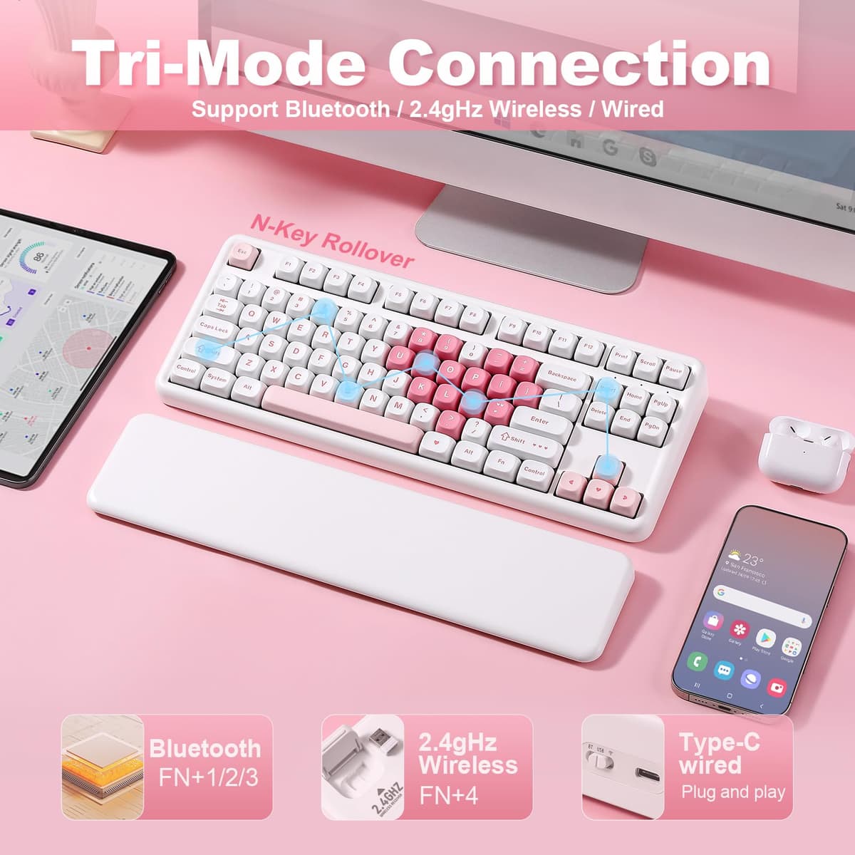 YUNZII B87 Wireless Mechanical Keyboard,QMK/VIA Software Custom Gaming,Gasket RGB Keyboard with Cute MOA Keycaps,Wrist Rest,BT5.0/2.4G/USB-C NKRO for Win/Mac (white heart, milk v2 linear) — view 3
