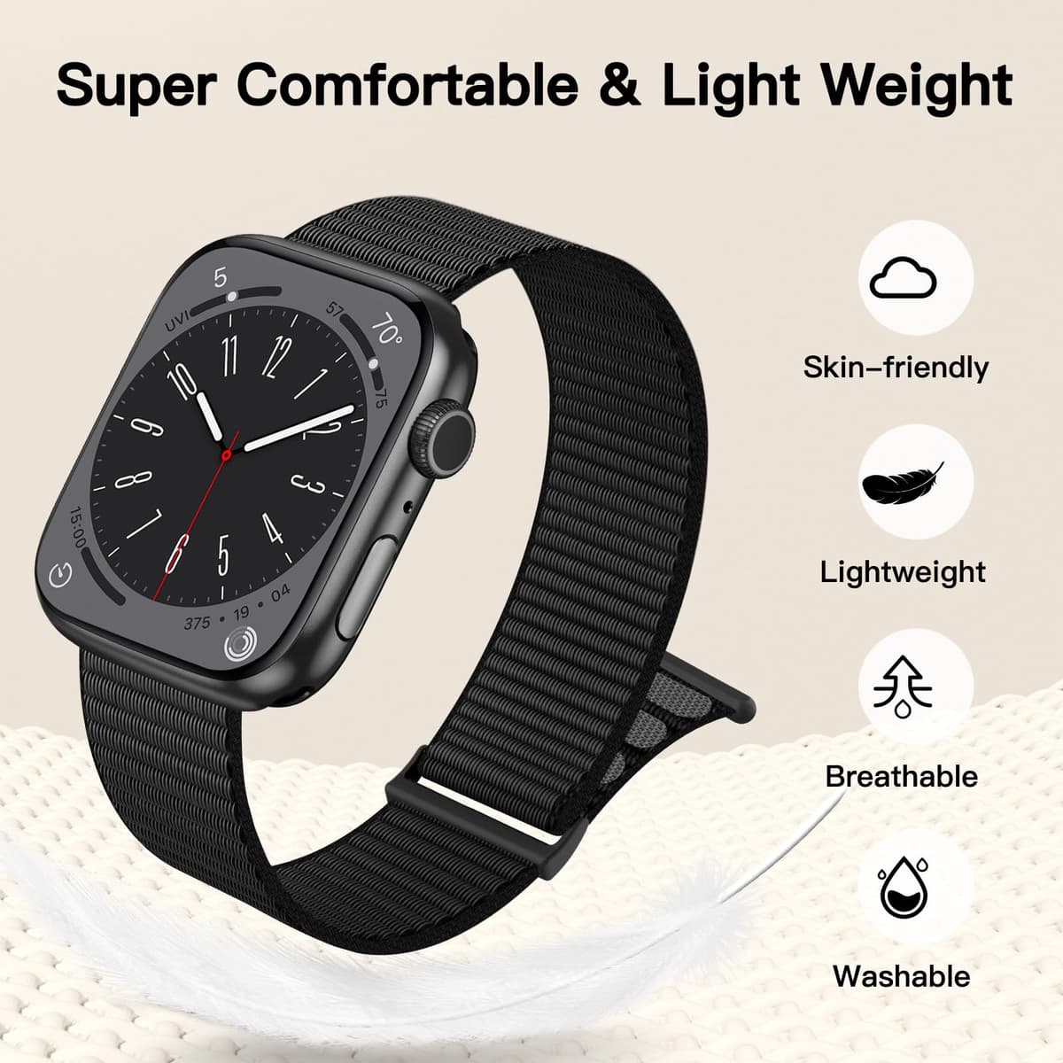 Yoohoo Nylon Straps Compatible with Apple Watch Straps 44mm 45mm 46mm 49mm 42mm(Series 3/2/1)Women Men,Upgraded Soft Nylon Replacement Bands for iWatch Series 11 10 9 8 7 6 5 4 3 2 1 SE3 Ultra3/Black — view 4