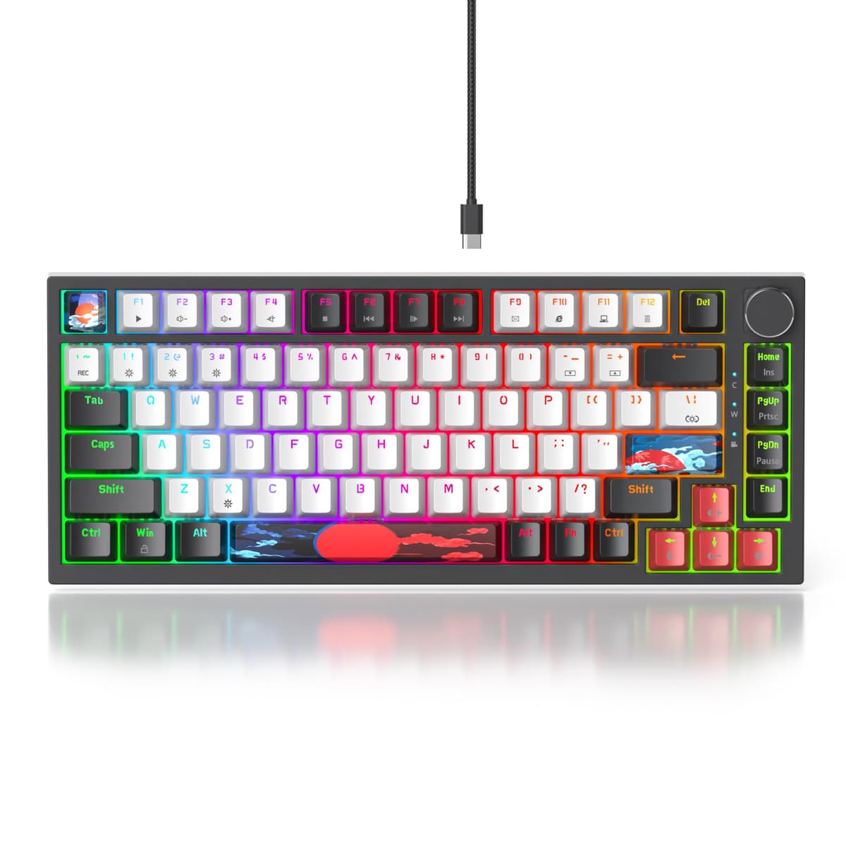 Solidee - Teclado mecánico con cable 75% intercambiable a caliente,Teclado retroiluminado RGB con interruptor rojo,TKL 82 teclas,Teclado compacto NKRO con botón de control de volumen (82 Black_White) — view 2