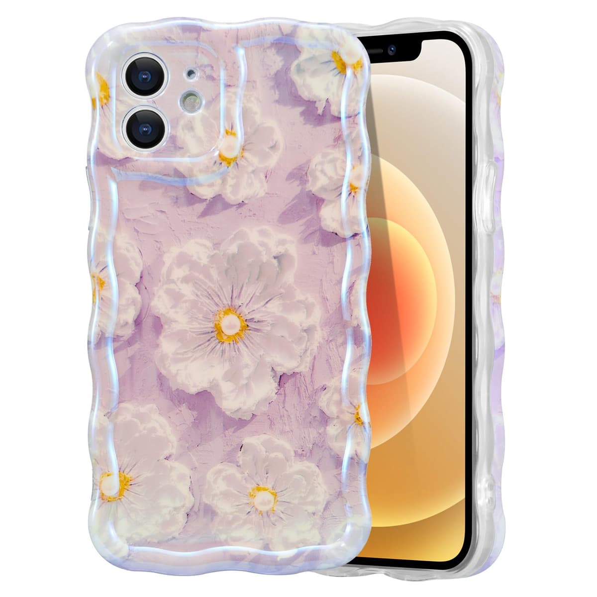 EYZUTAK Case for iPhone 16, Colorful Retro Oil Painting Printed Flower Laser Glossy Pattern Cute Curly Wave Edge Exquisite Phone Cover Stylish Durable TPU Protective Case for Girl Women-Green — view 98