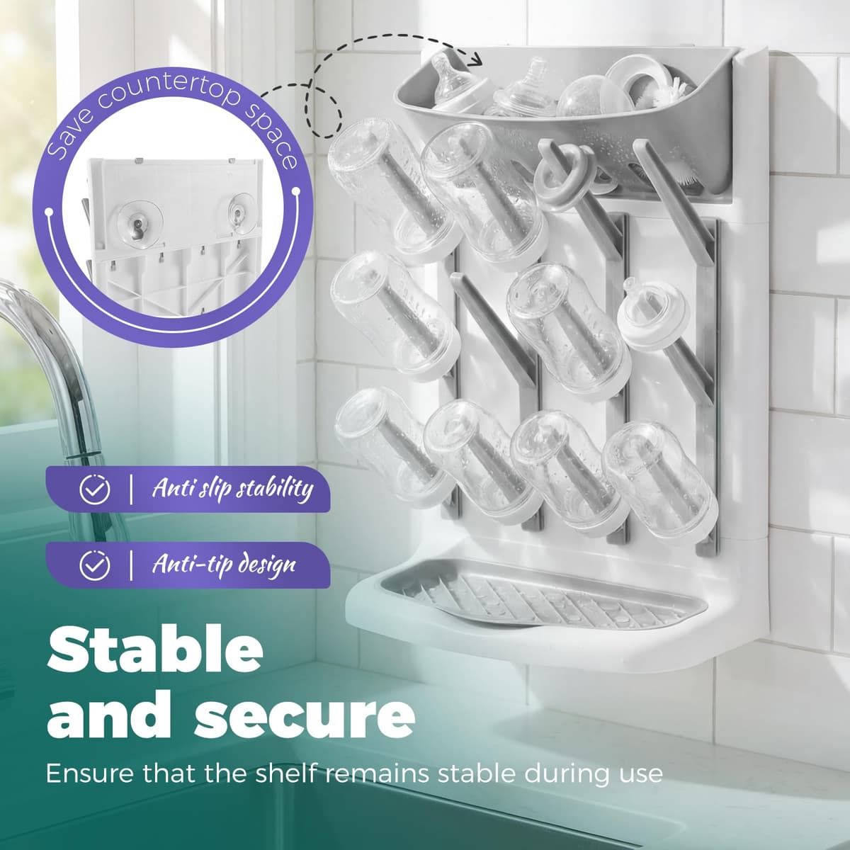 Baby Bottle Drying Rack with 2 Suction Cups, Vertical Standing Bottle Dryer Rack Holder, Detachable Drip Tray, Holds Up to 12 Bottles & Accessories, Countertop Organizer (grey) — view 3