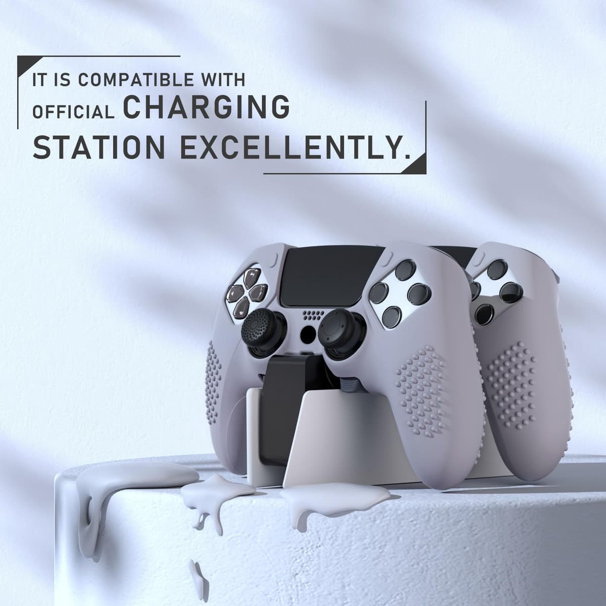PlayVital Funda de Silicona Antideslizante para ps5 Edge - Carcasa Protectora con 6 Tapas de Joysticks, Cubierta de Goma Tacto Suave, Protector de Mando, Diseño 3D Tachonado (Gris Metálico) — view 2