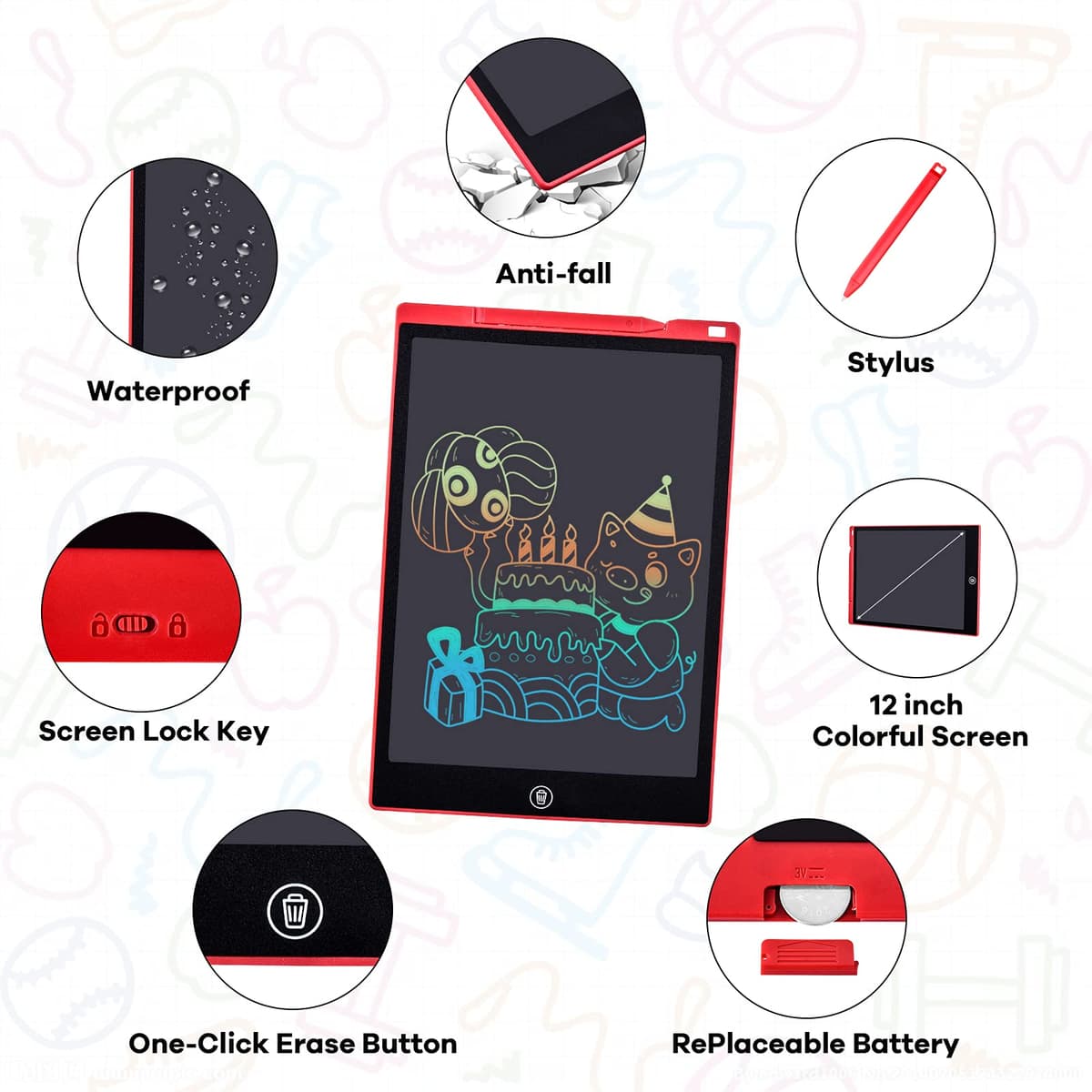Tableta de Escritura Color LCD 12 Pulgadas, Tablet Escritura Pantalla Colorido Infantil, Tableta Grafica Dibujo Niños Adecuada para el Hogar, Escuela, Oficina, Cuaderno de Notas con Fundas (Pink) — view 4