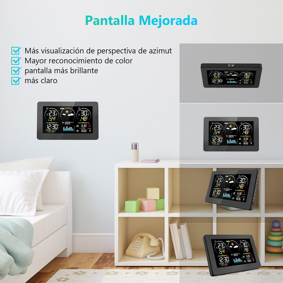 Estación meteorológica inalámbrica con sensor, termómetro higrómetro digital interior exterior, pantalla LCD a color, calendario de radio despertador DCF Snooze barómetro previsión meteorológica reloj — view 5