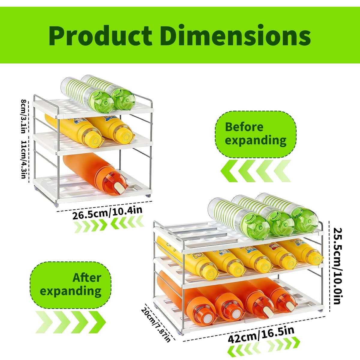 Raxfekro Organizador de botellas extensible para frigorífico, armario y cocina, con compartimentos ajustables para botellas de agua, termos y bebidas (26,5 – 42 cm) — view 2