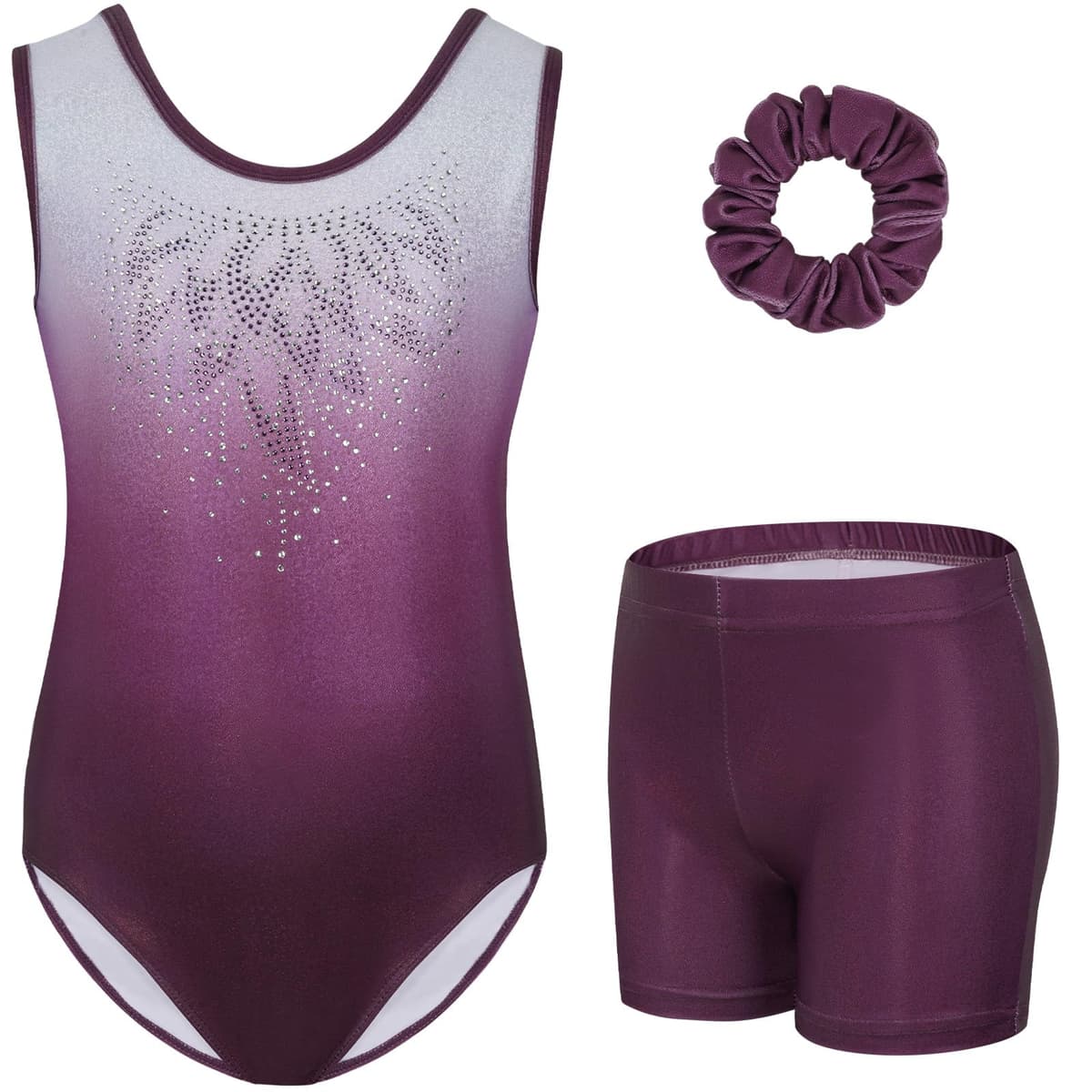Gogokids Conjunto de gimnasia de tres piezas para niña, cuello en Y, sin mangas, con pantalones cortos y diadema, traje de gimnasia con diseño de bloques de color azul y morado, 3-12 años — view 14