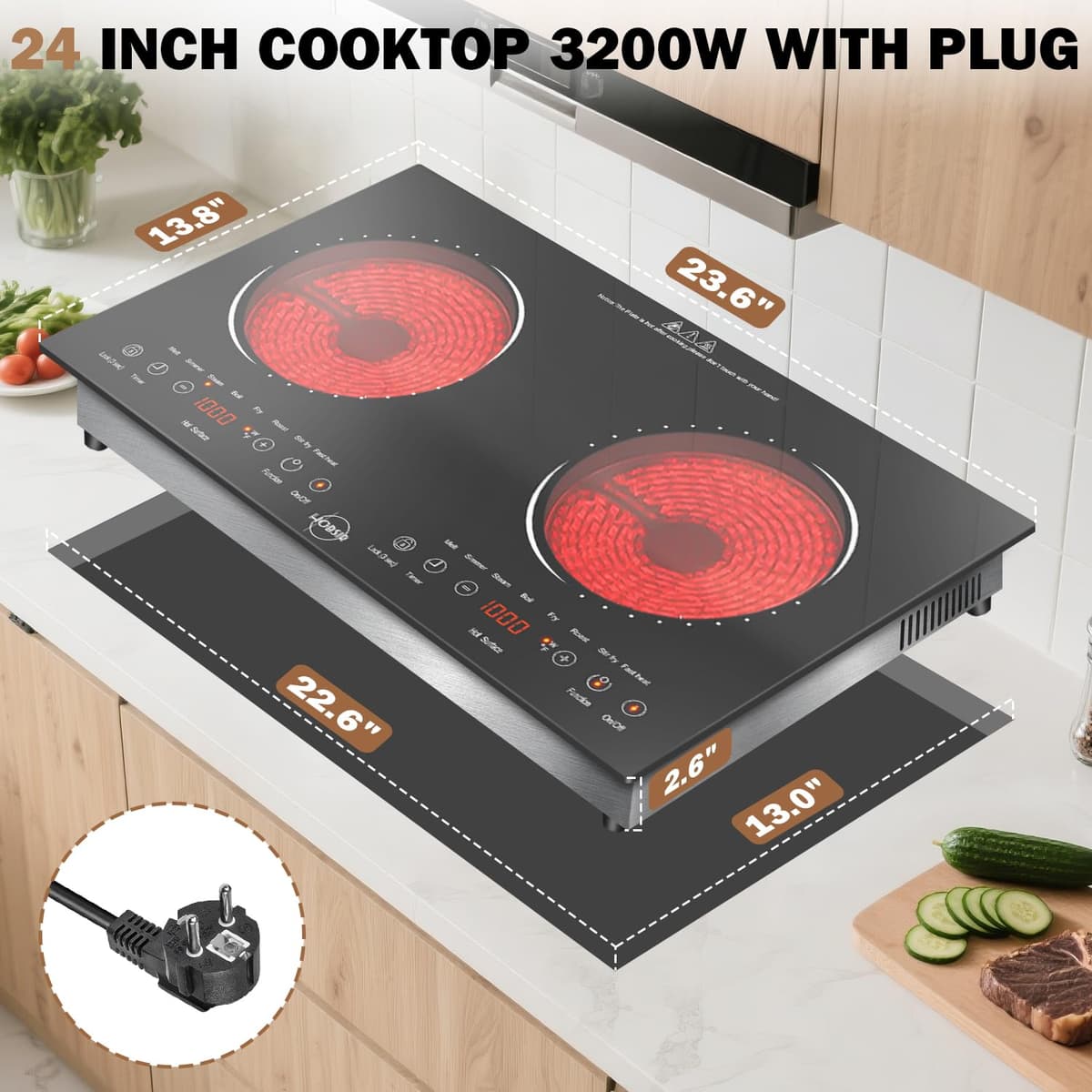 Hobsir Plug in 2 Zone Ceramic Hob, 2 Ring Electric Hob 60cm Countertop&Built-in Cooktops with 9 Power Levels, Timer, Safety Lock & Sensor Touch Control, 3200W, 220-240V — view 2