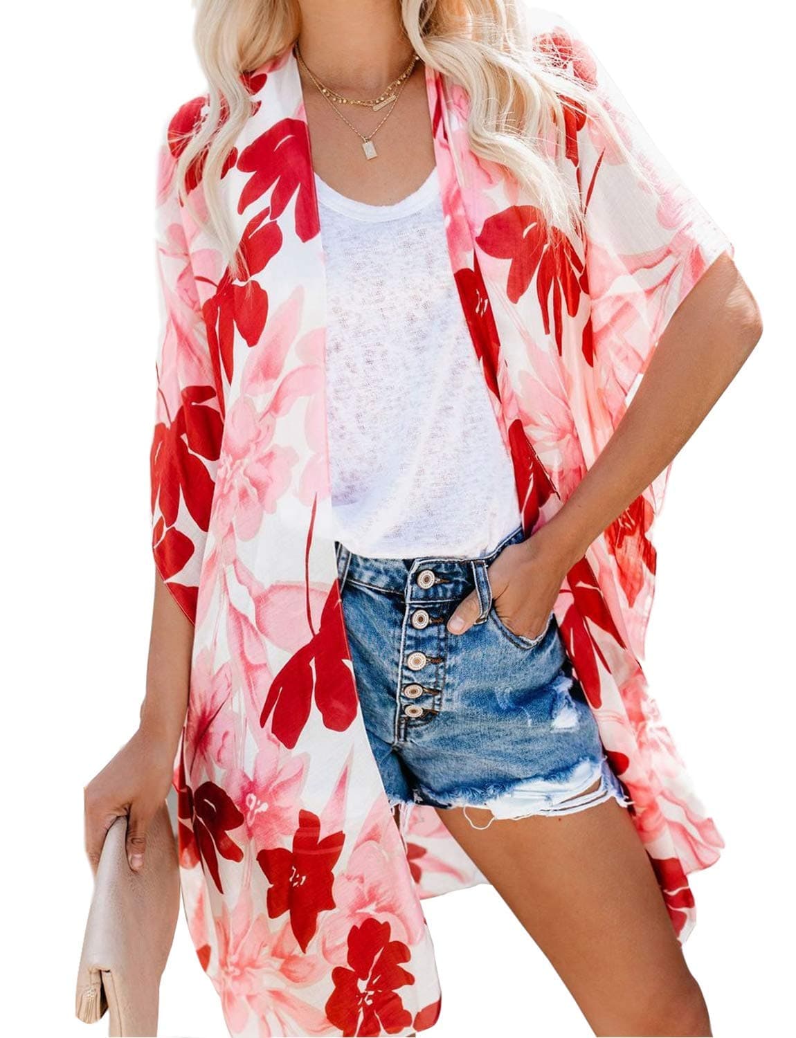 MayBuy Women's Summer Long Flowy Kimono Cardigans Boho Chiffon Floral Beach Cover Up Tops — view 19