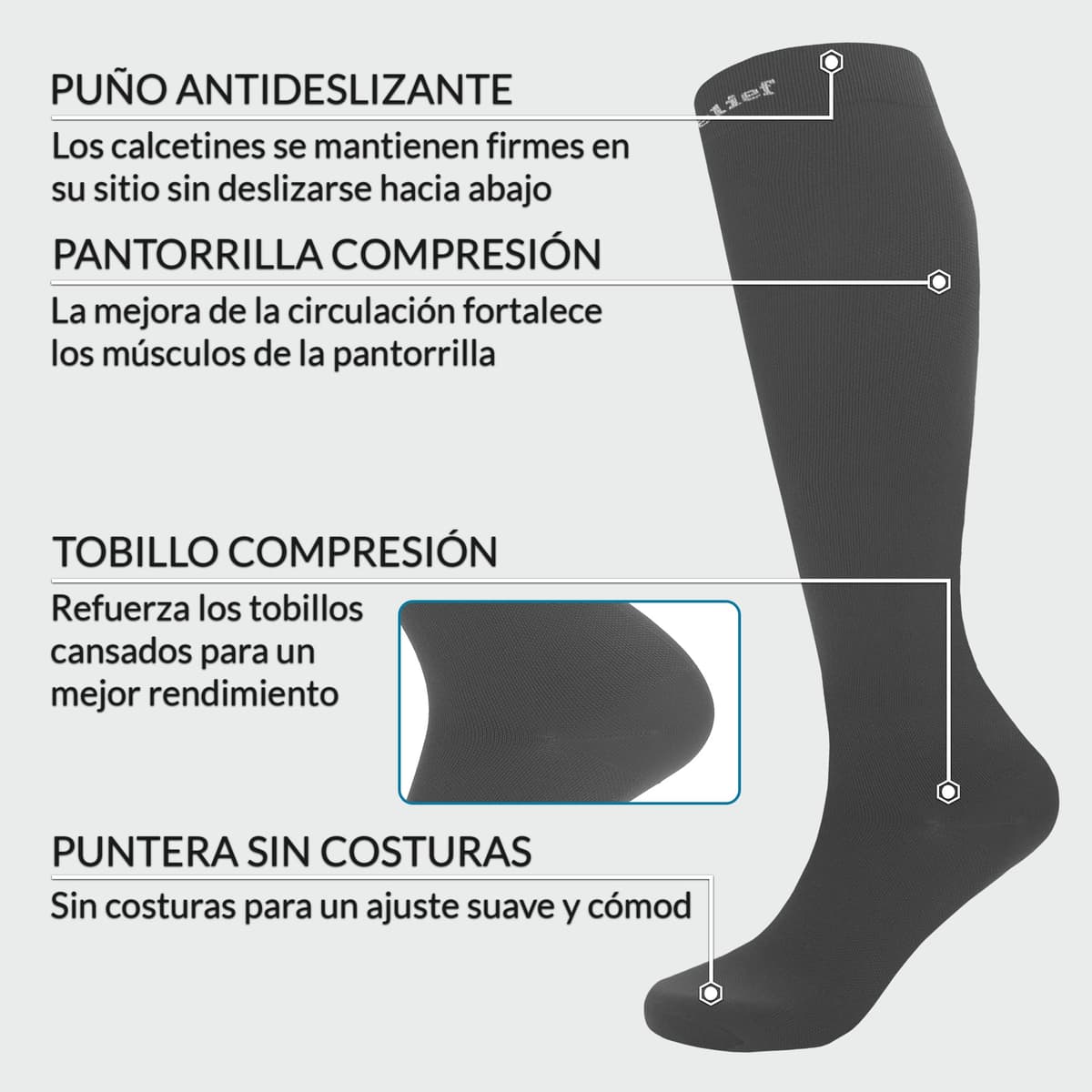 360 Relief Medias de Compresión Mujer y Hombre - 1 Par Calcetines de Compresión para Deportes, Correr, Volar, Viaje, Trabajo, Footing - S/M Beis con Bolsa de Malla — view 43