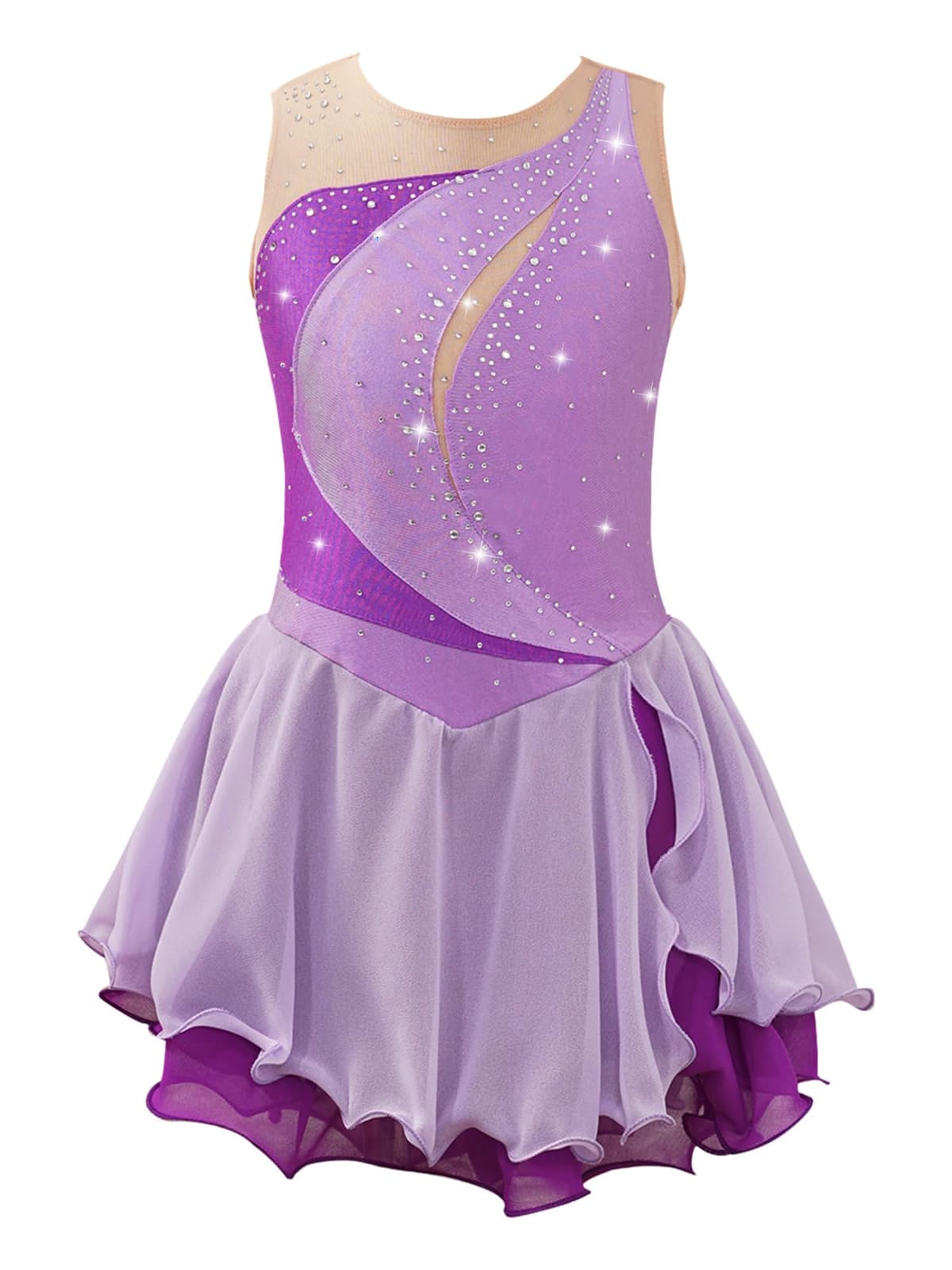 IEFIEL Vestido de Patinaje Artístico para Niña Maillot Ballet con Falda Malla de Gimnasia Rítmica sin Mangas con Lentejuelas Brillantes Vestido de Danza Lírica — view 16