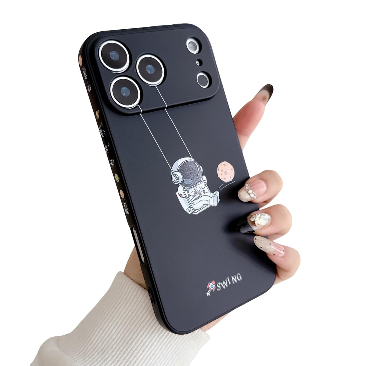 Yonds Queen for iPhone 17 Pro Cute Case, Cool Cartoon Swing Astronaut Planet Moon Space Design Stylish TPU Bumper Shockproof Anti-Slip Protector Fashion Case (Black Planet, iPhone 17 Pro)