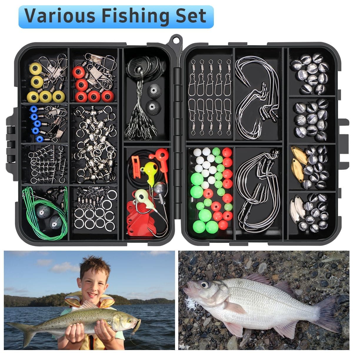 Vicloon Anzuelos de Pesca,Accesorios de Pesca con Caja de Pesca, Incluye Pesas de Plomada, Emerillones e Imperdibles, Diapositivas de Plomada, Anzuelos, Kit de Caja de Aparejos de Pesca — view 3