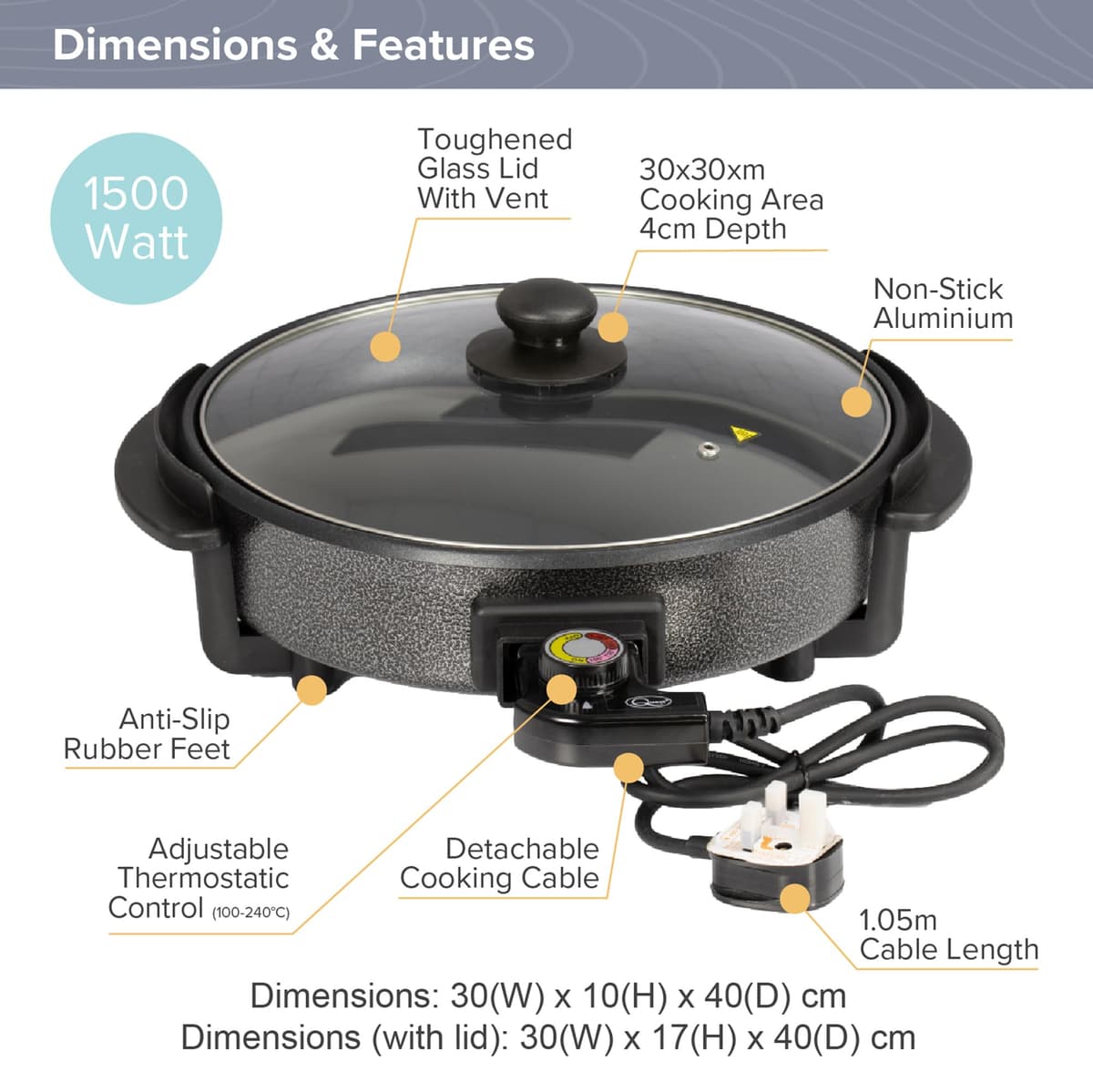 Quest 35410 30cm Multi-Function Electric Cooker Pan with Lid/Adjustable Thermostatic Control/Non-Stick Aluminium / 30 x 30cm Surface/Detachable Power Cable For Serving — view 4