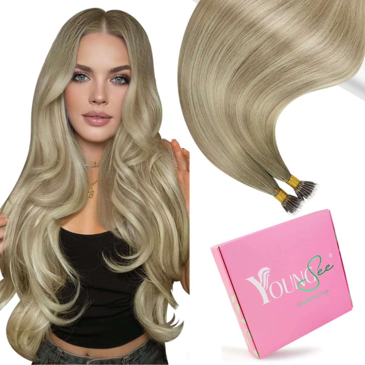 YoungSee Nano Hair Extensions Blonde 16inch Nano Beads Hair Extensions Warm Ash Blonde Highlight Bleach Blonde Nano Ring Hair Extension Highlight for School Soft Cold Fusion 50s 50g — view 34