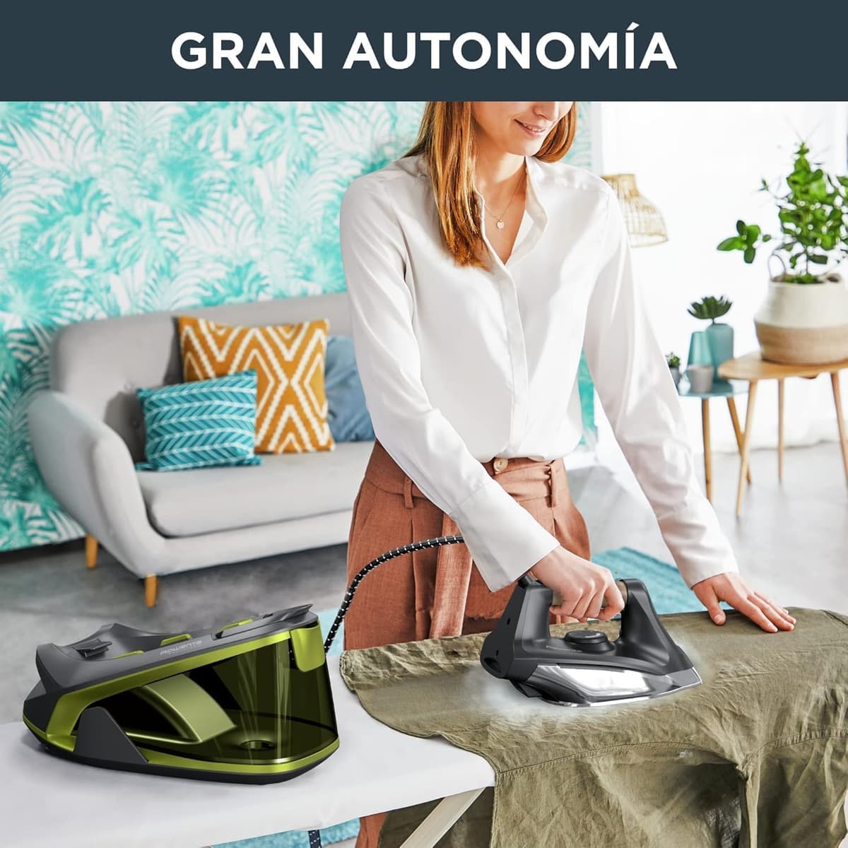 Rowenta Easy Steam - Centro de planchado, Alta presión 6 bares, Golpe de vapor 270 g/min, Vapor continuo 110 g/min, Suela Airglide con depósito de 1.4 L, Modo Eco, Negro/Verde, VR7360 — view 3