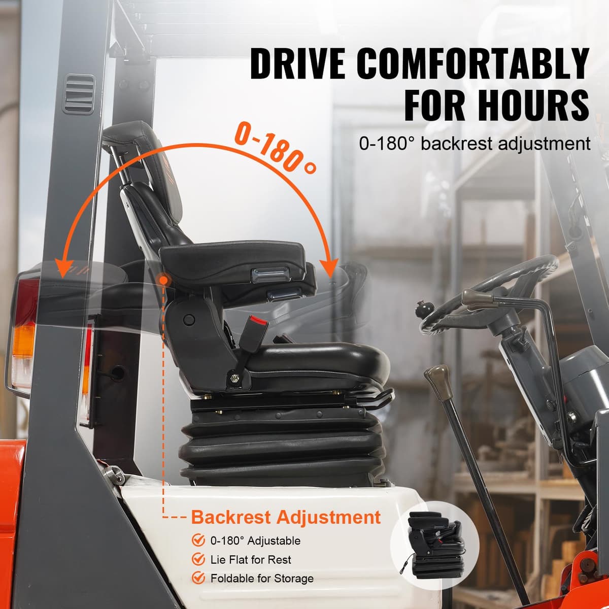 VEVOR Asiento Universal para Carretilla Elevadora Asiento de Tractor Plegable Respaldo Ajustable con Cinturón de Seguridad Reposabrazos 3 Niveles Absorción de Impactos para Cargadora Excavadora — view 4
