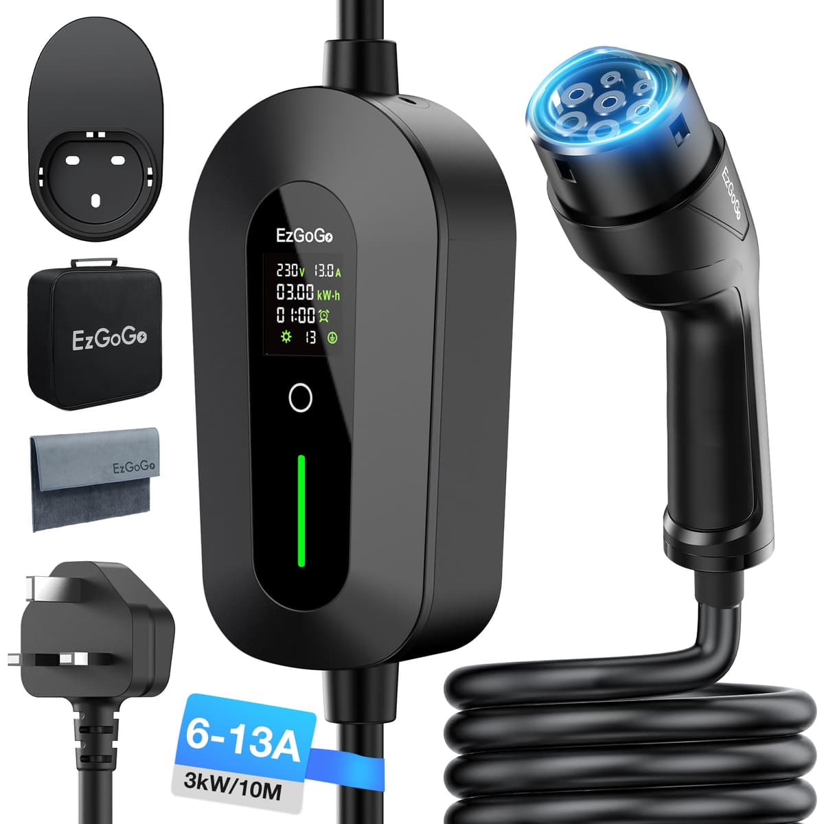 EzGoGo EV Charger Cable Type 2 to 3 Pin Plug 32.81Ft/10M Electric Car Charger 3kW, [6/8/10/13A] Type 2 Charging Cable 3 Pin EV Charger IP65 Advanced Protection Suitable for EVs & PHEVs