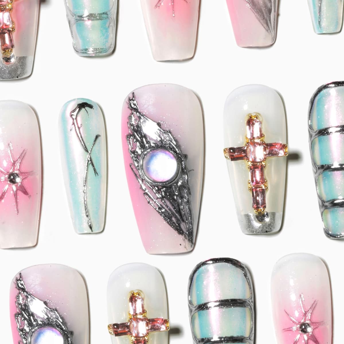 Sun&Beam Nails Handmade Press On Nail Long Coffin Ballerina Pink Flower Acrylic Fake Tip 3D Design Art Charms Cute with Storage Box 10 Pcs (S) — view 375