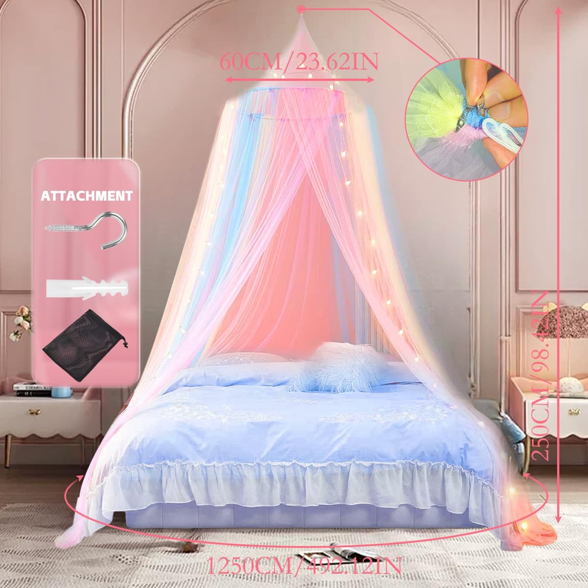 Dosel Cama Infantil,(60x250x1250cm) Red Casual Arco Iris, Niña Mosquitera, Mosquitera para de Niños, Dosel de Cama para Decoración de Habitación de Niña — view 3