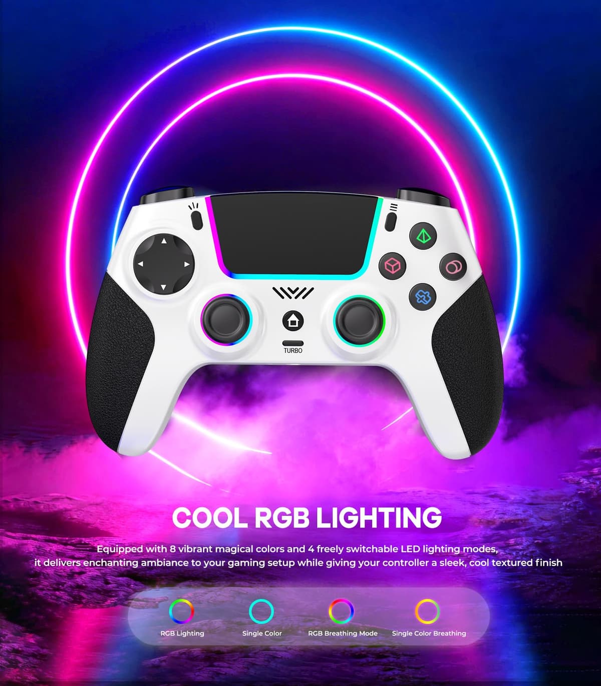 SFGSUP Wireless Controller for PS5/PC/MAC/iOS/Android/Steam Deck, With Hall Effect Joystick&Trigger/8 RGB Lighting/Turbo/Dual Vibration/Programmable/Headset Jack/Touchpad/1500 mAh Battery, White&Black — view 3