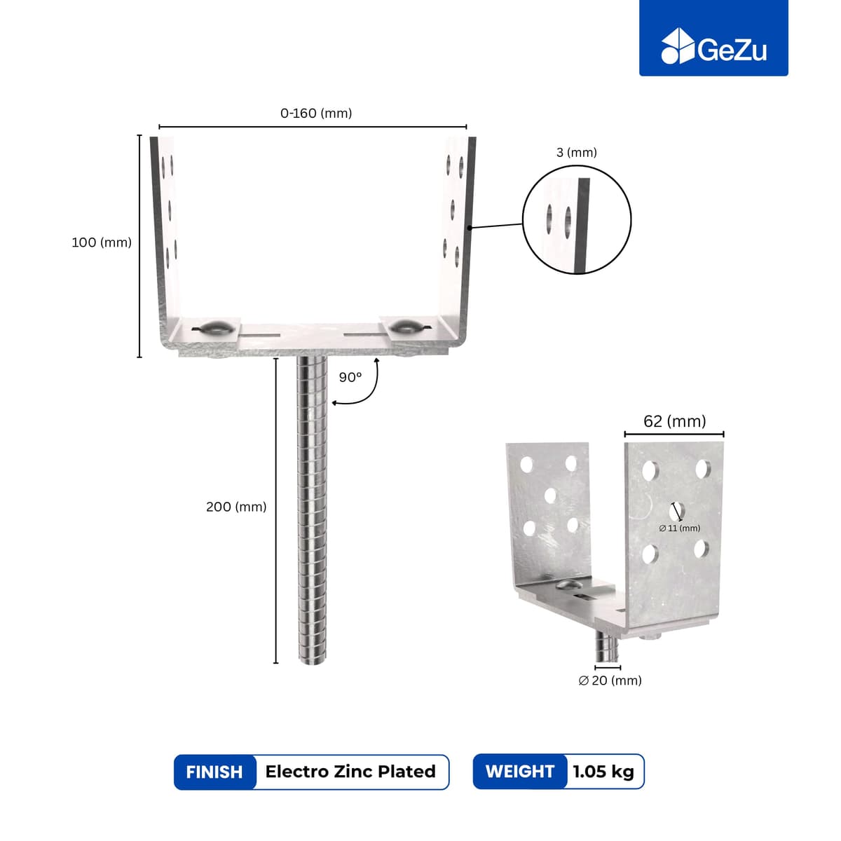 GeZu Impex Adjustable U Post Support 200 mm Electroplated Zinc Coated U Shape Concrete In Post Support Width Adjustable Rod Anchor Bracket U Type Fence Foot Anchor — view 2