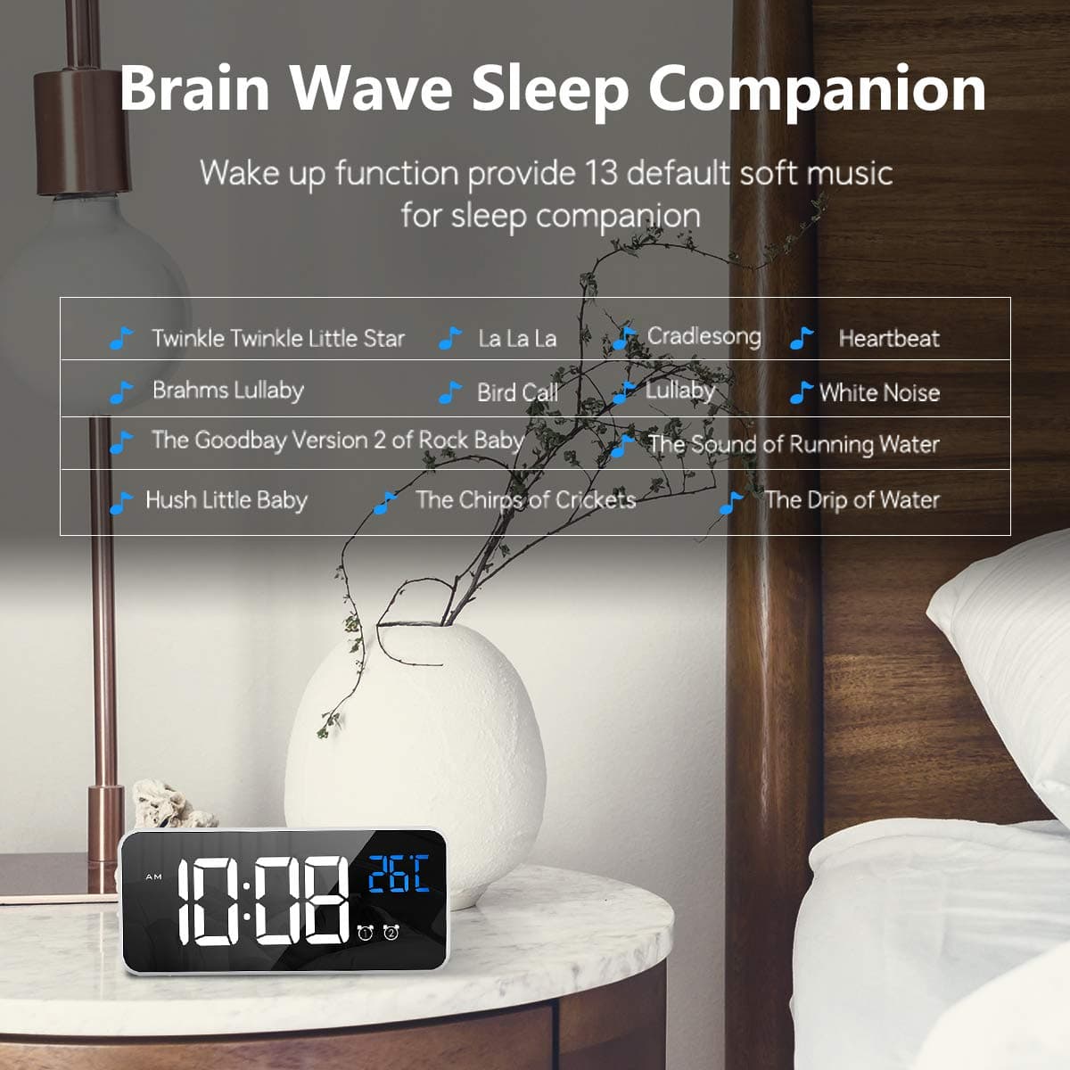 LATEC Reloj Despertador, LED Pantalla Reloj Despertador Digital con Espejo, Doble Alarma, Temperatura, Puerto de Carga USB, 10 Música, 4 Brillo Ajustable, 12/24H(Blanco) — view 7