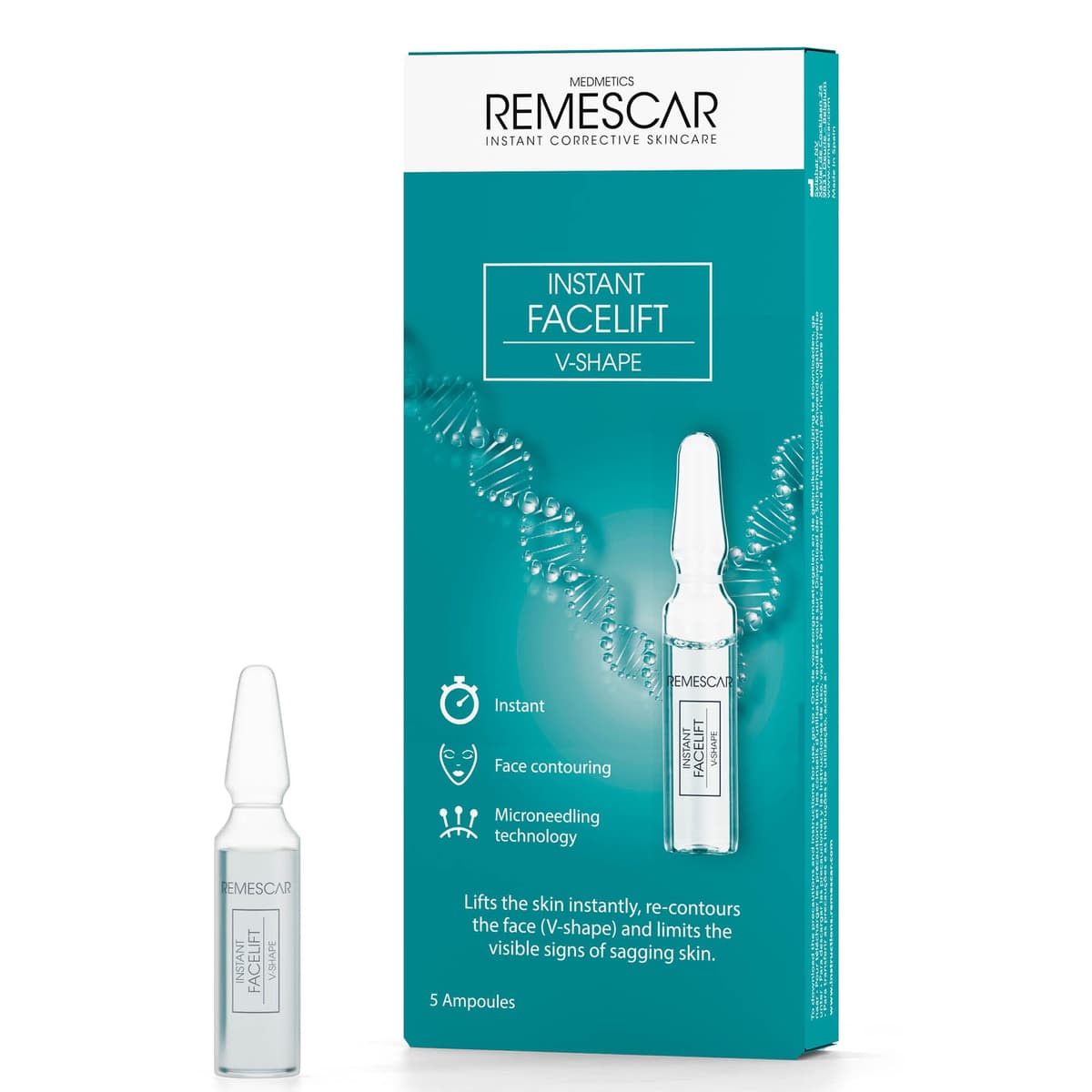 Remescar Sérum Estiramiento Facial Instantáneo 5 Ampollas - Reducción de Arrugas y Flacidez - Reafirma y Contornea la Cara - Resultados Rápidos - Refuerza el Colágeno Facial y Rejuvenece la Piel