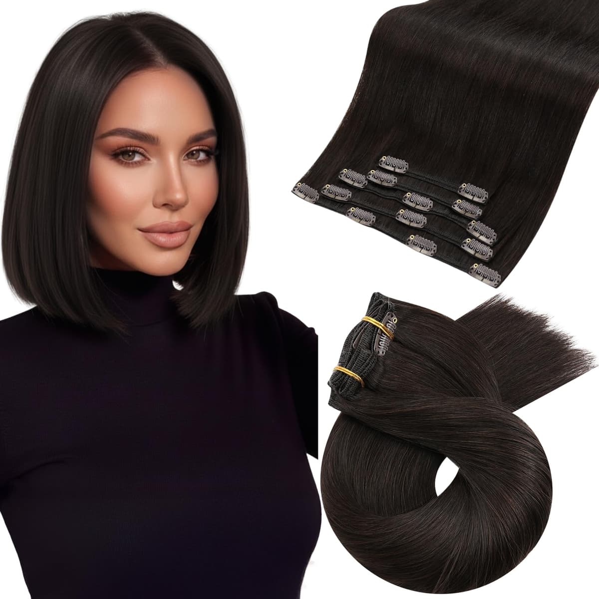 Moresoo Clip in Hair Extensions Real Human Hair Darkest Brown Double Wefted Clip in Hair Extensions Brown 10 Inch 5 Pieces/80g #2
