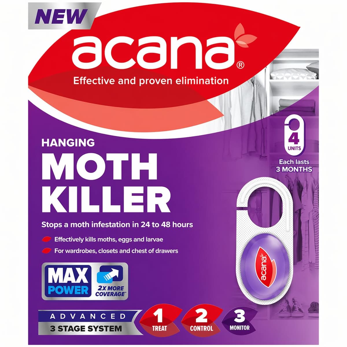 Acana Hanging Moth Killer 4 Pack – Wardrobe & Closet Protection for Clothes Storage, Long Lasting Fabric Care for Drawers & Cupboards, Helps Reduce Moth Activity, Home Storage Protection Solution