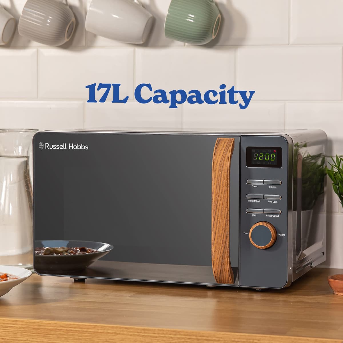 Russell Hobbs RHMD714G 17 L 700 W Scandi Grey Digital Microwave with 5 Power Levels, Wood Effect Handle & Dials, Clock & Timer, Automatic Defrost, Easy Clean, 8 Auto Cook Menus — view 4