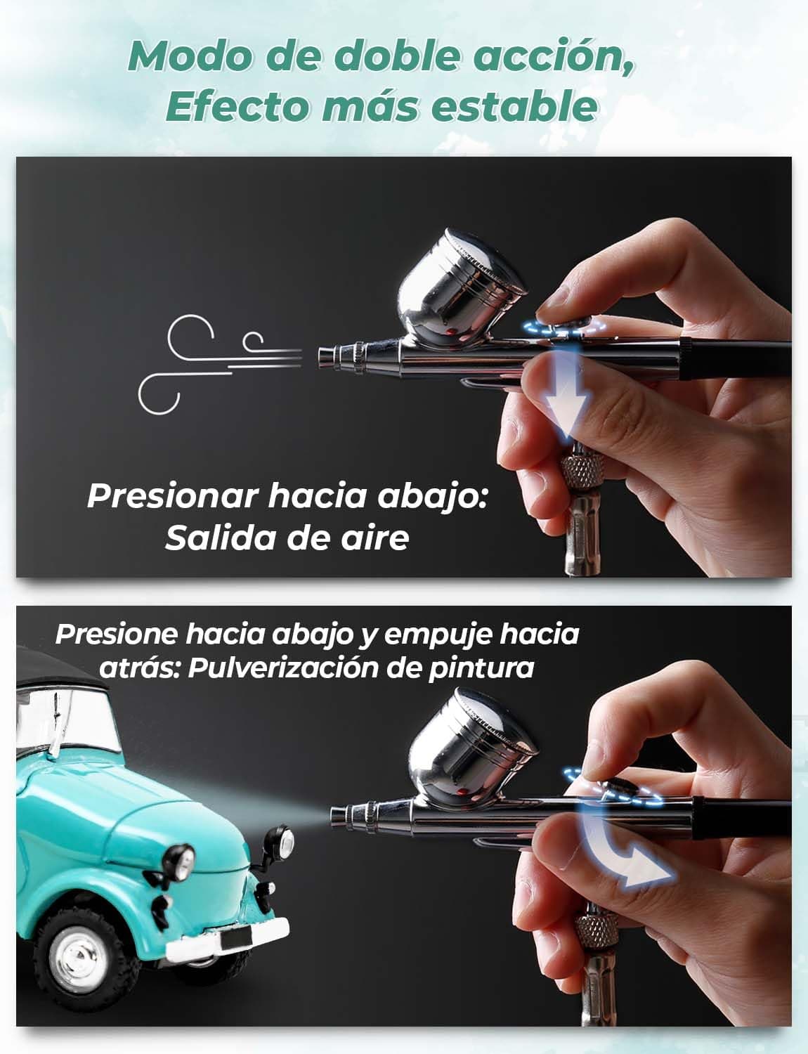 Oasser Kit Aerógrafo con Compresor Profesional Airbrush 36PSI Doble Acción Juego Pistola Regulación Voltaje Continua Modelos Decoración Tartas Uñas — view 2