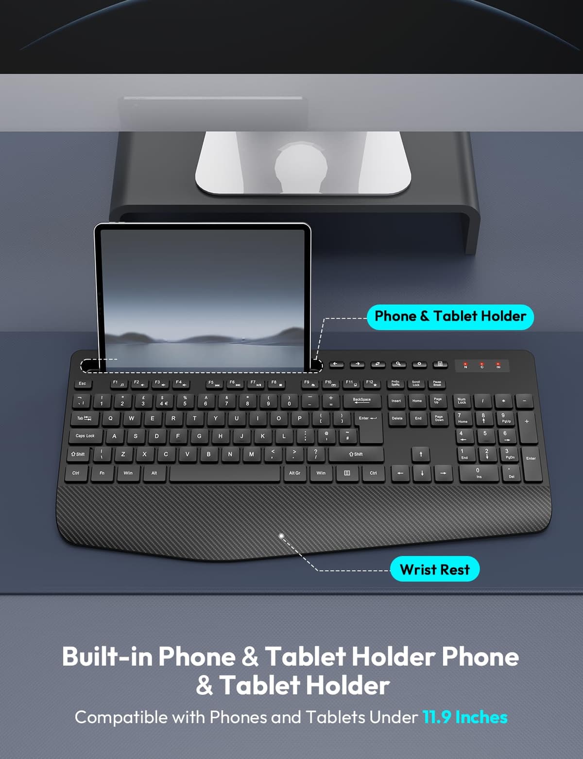 SABLUTE Wireless Keyboard with Wrist Rest, Full-size Ergonomic Keyboards with Phone Holder, Numeric Keypad, 18 Multimedia Keys, Sleep Mode, 2.4GHz Cordless Keyboard for Windows/Computer/PC, KN213 — view 3