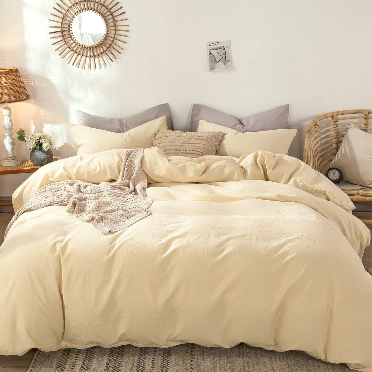 MooMee Bedding Duvet Cover Set 100% Washed Cotton Linen Like Textured Breathable Durable Soft Comfy (Tannish Linen Grey, King) — view 121