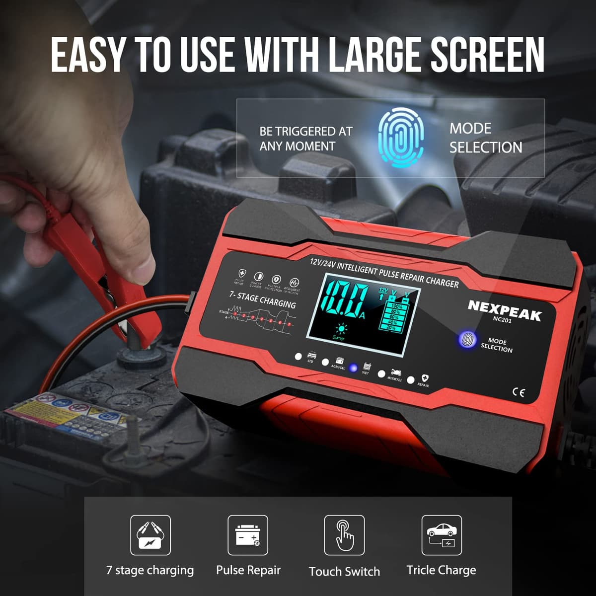 10-Amp Car Battery Charger, 12V and 24V Smart Fully Automatic Battery Charger with Temperature Compensation for Car Truck Motorcycle Marine Lead Acid Batteries — view 3