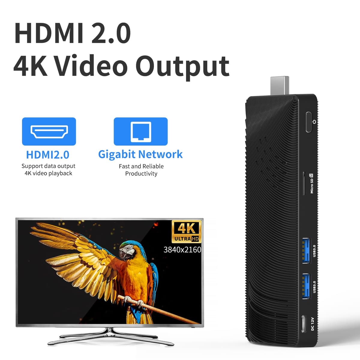 Mini PC Stick Fanless, Micro Computer Stick Pentium N4200 4GB 64GB eMMC (1.1 GHz), Small PC, USB3.0 X 2 Gigabit Ethernet 4K 60Hz, WiFi BT 5.0 HDMI 2.0 for Business Industrial IOT Media, Office — view 5