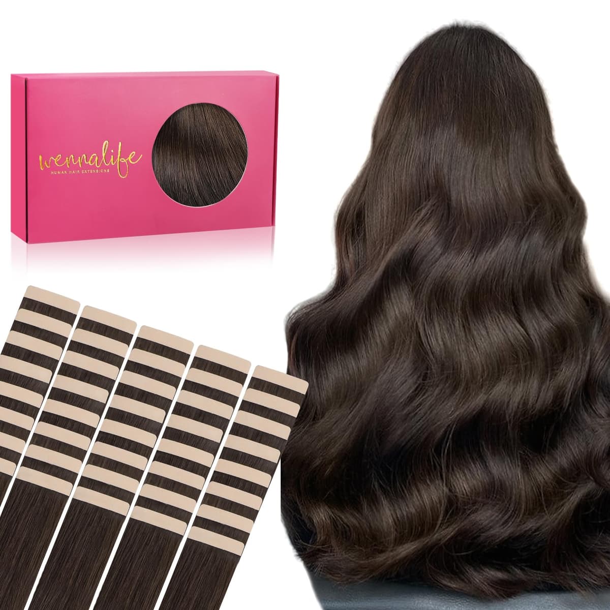 WENNALIFE Extensiones Adhesivas Pelo Natural, 55cm, 100g, 40 Piezas, Helles Dunkel Braun, Extensiones Pelo Natural Remy Cabello Humano