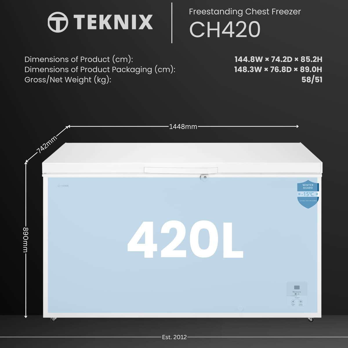 Teknix CH420 Freestanding Chest Freezer - 420L Capacity - Suitable for Garages, Outbuildings and Sheds - Refrigeration Mode - Temperature Control - 4 Star Freezer Rating - E Energy - White — view 3