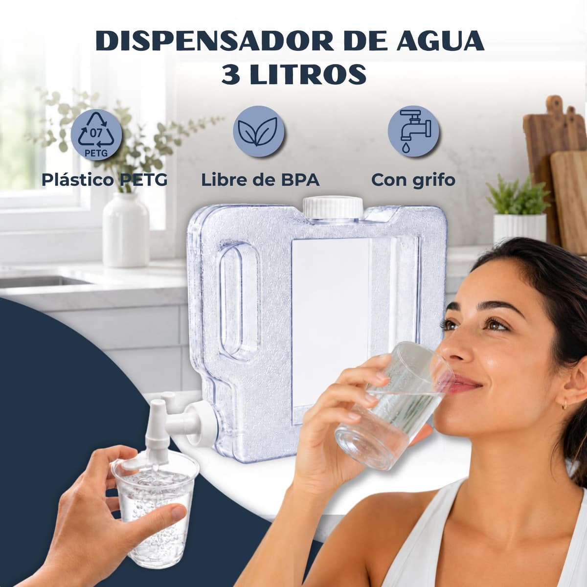 Dispensador de Agua Fria para Nevera, Dispensador de Bebidas de plástico, Ergonómico con asa, Plástico PETG Libre de Fugas, Libre BPA, Dimensiones 26 cm Largo x 21 cm Alto x 7 cm Ancho, 3 litros — view 2