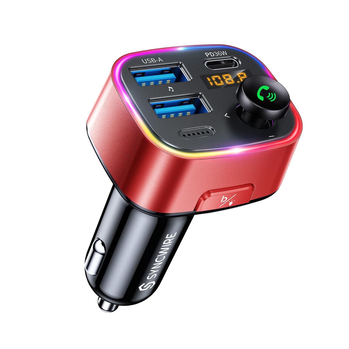 Syncwire Bluetooth 5.4 FM Transmitter Car Adapter 48W (PD 36W & 12W) [Light Switch] [HiFi Bass Sound] [Fast Charging] Wireless Radio Music Adapter LED Display Hands-Free Calling Support USB Drive — view 9