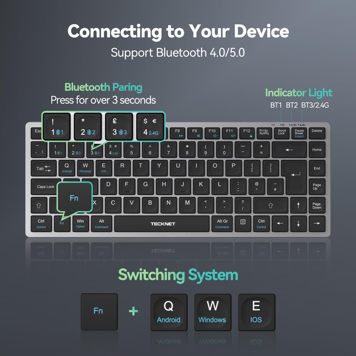 TECKNET 2.4G Wireless Keyboard, Rechargeable Bluetooth Keyboard for 4 Multi Devices, QWERTY UK Layout Compact Mini keypad, Small Silent Keys for Laptop, Phone, Smart TV, Computer, Tablet - Silver — view 4