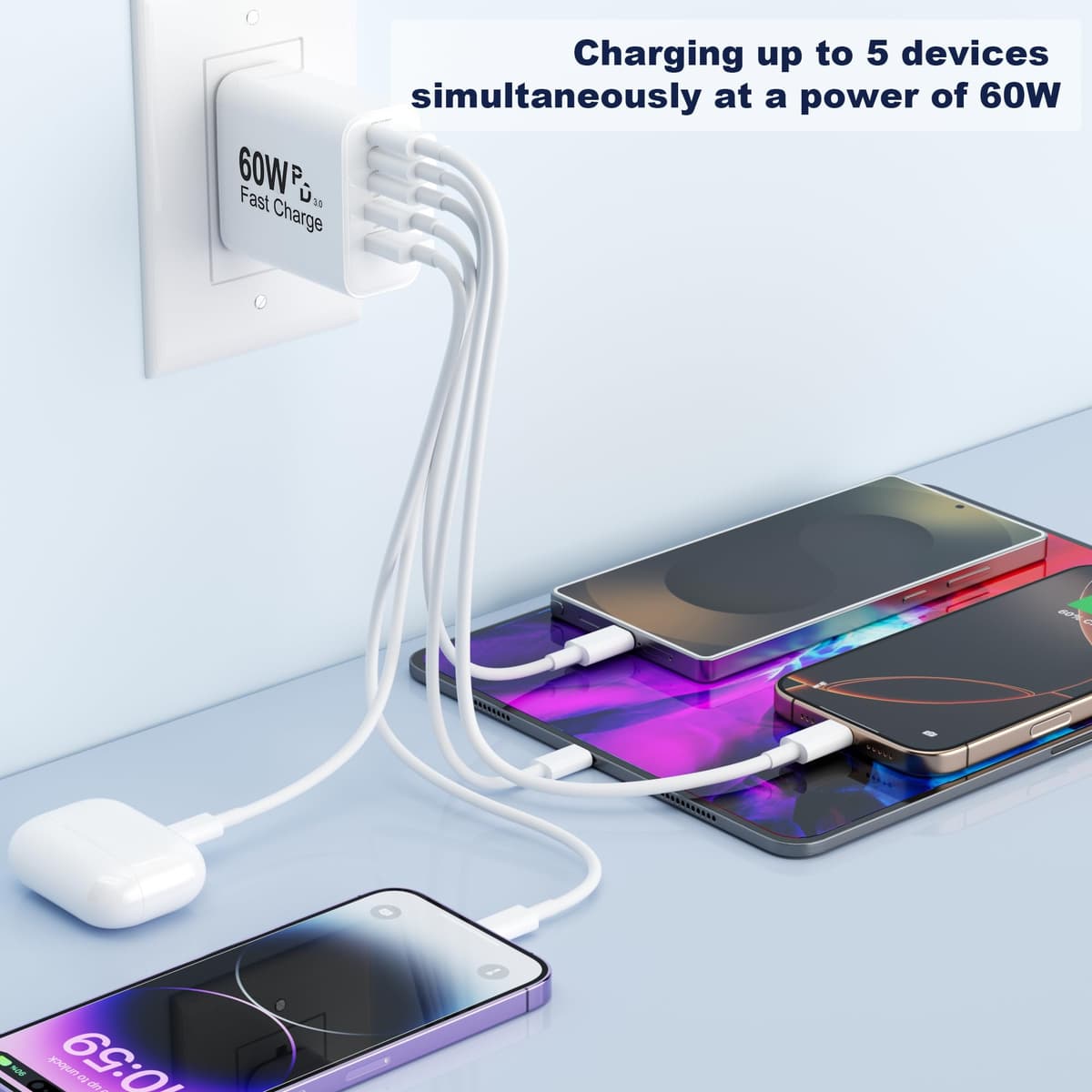 USB C Charger Block, 60W 5 in 1 Charging Blocks, PD 3.0 Fast Charger iPhone, QC 2A Wall Plug Multiport Type C Charging Block for iPhone 17 16 15 14 13 12 Pro Max, iPad, iPod, Samsung, AirPods Pro — view 6