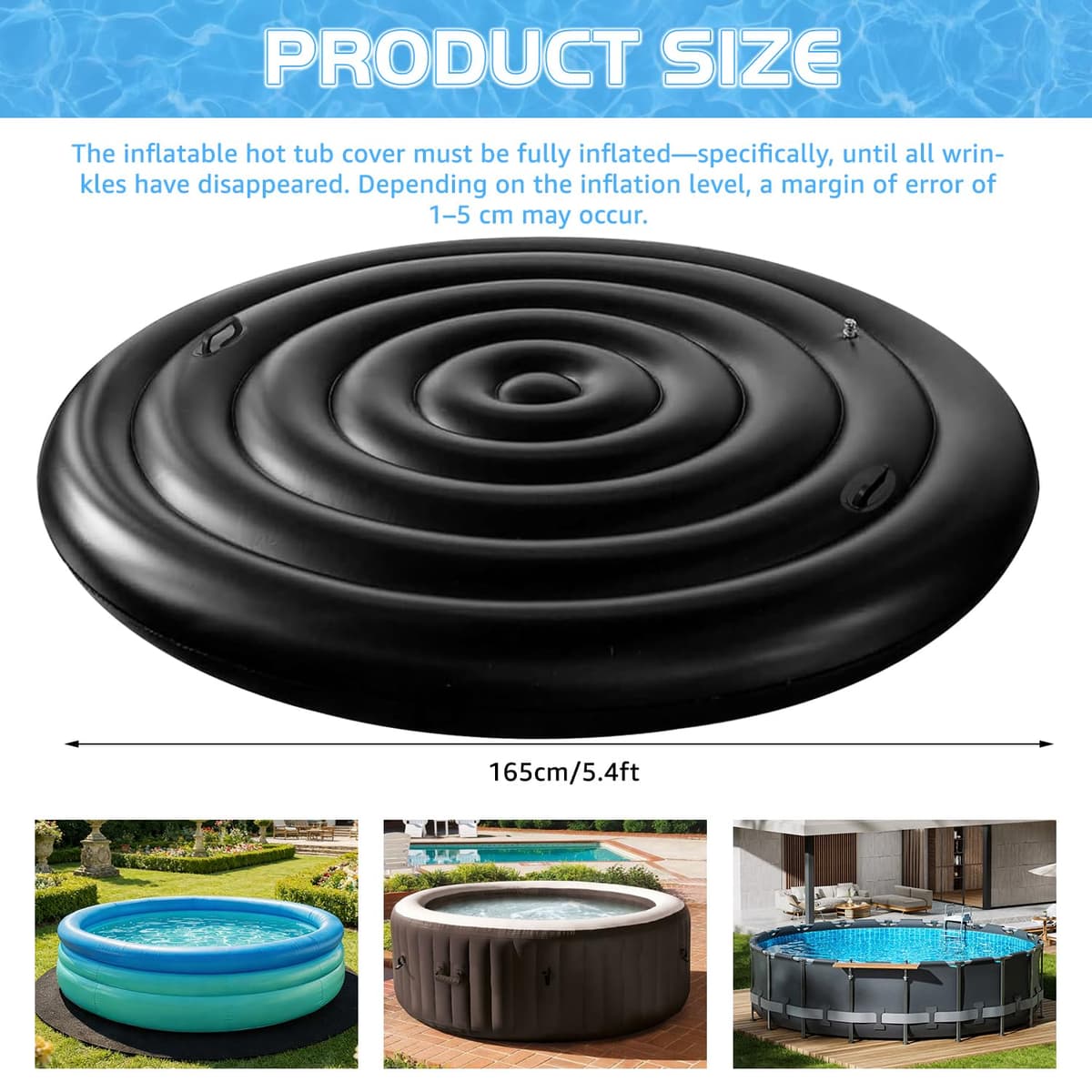 KEAGAN 5.4FT/165CM Inflatable Hot Tub Cover, Energy Saving Lid for Round Hot Tub, Outdoor Inflatable Hot Tub, with Handle, Foldable Protective Rain Overflow Cover for Inflatable Outdoor Hot Tubs — view 2