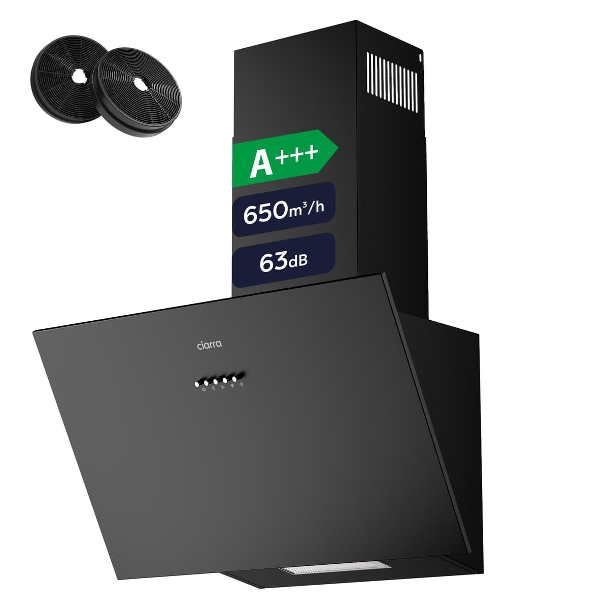 CIARRA CBCB6762A Angled Cooker Hood 60cm with CBCF003 Carbon Filters 650m³/h Head-Free Chimney Vent Hood with LED Lights Ducting&Recirculating Kitchen Extractor Fan