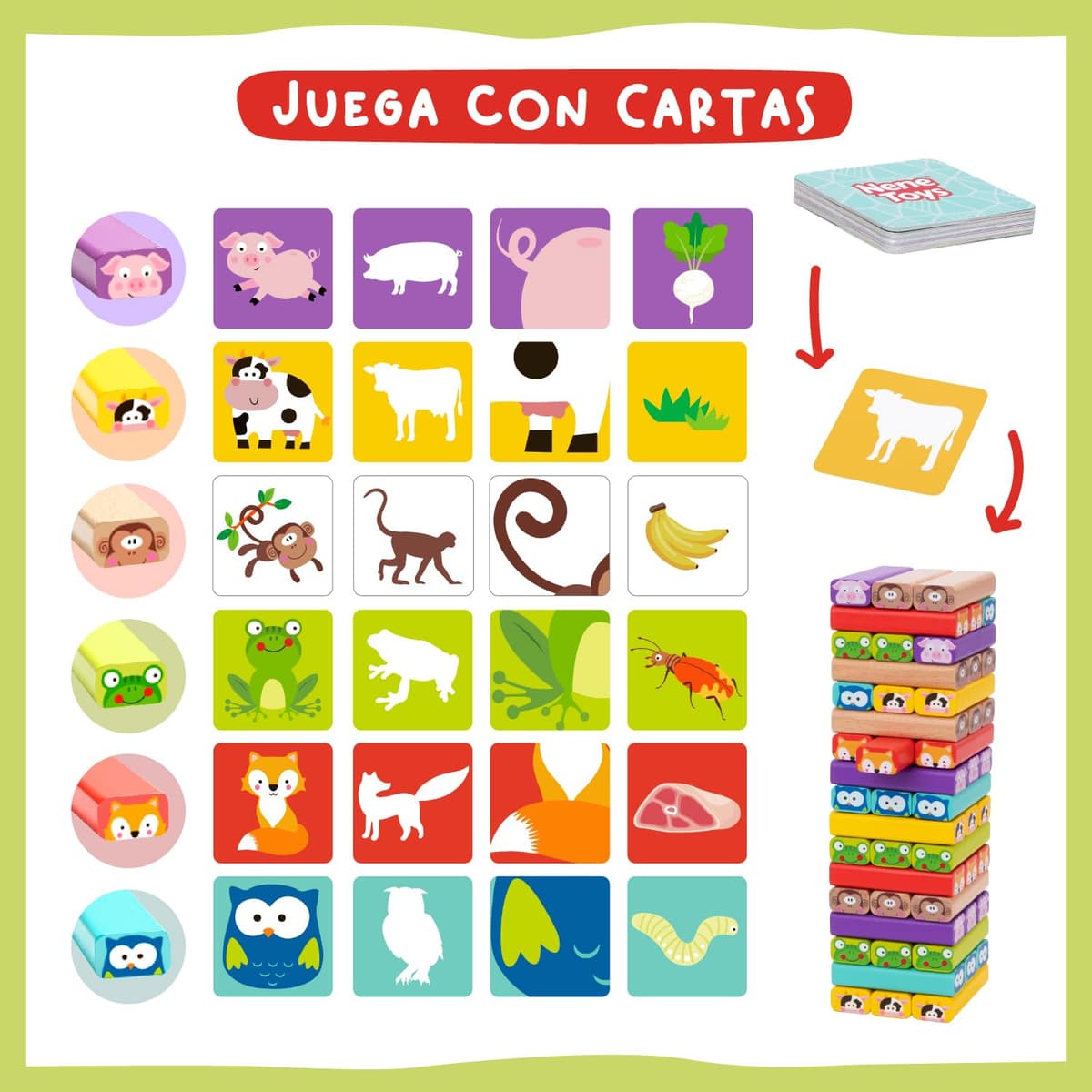 Nene Toys 4 in 1 Wooden Blocks Tower with Colors and Animals - Educational Family Board Game for Boys Girls Ages 3-9 - Gift for Parent-Child Sharing — view 3