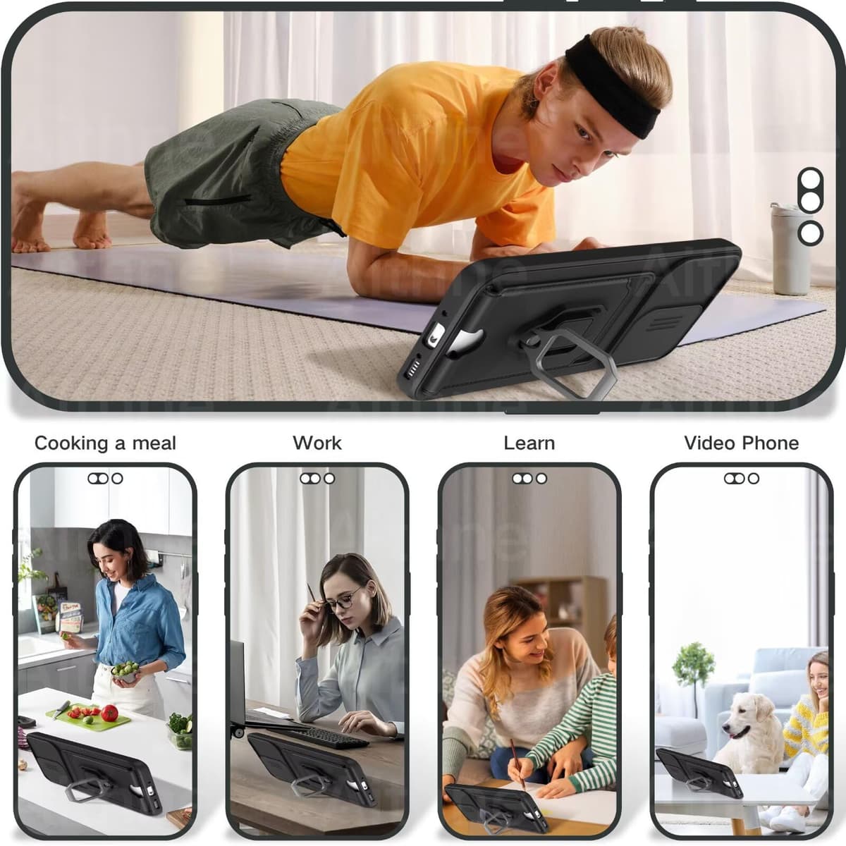 Funda con Cuerda para iPhone 12 Pro MAX Case con Ranura para Tarjetas,360 Anillo función de Soporte Cubierta -Negro — view 3