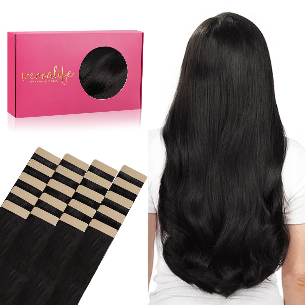 WENNALIFE Tape in Hair Extensions Human Hair, 20inch 20pcs 50g, Natural Black Real Human Hair Extensions, Tape Hair Extensions Silky Straight Skin Weft
