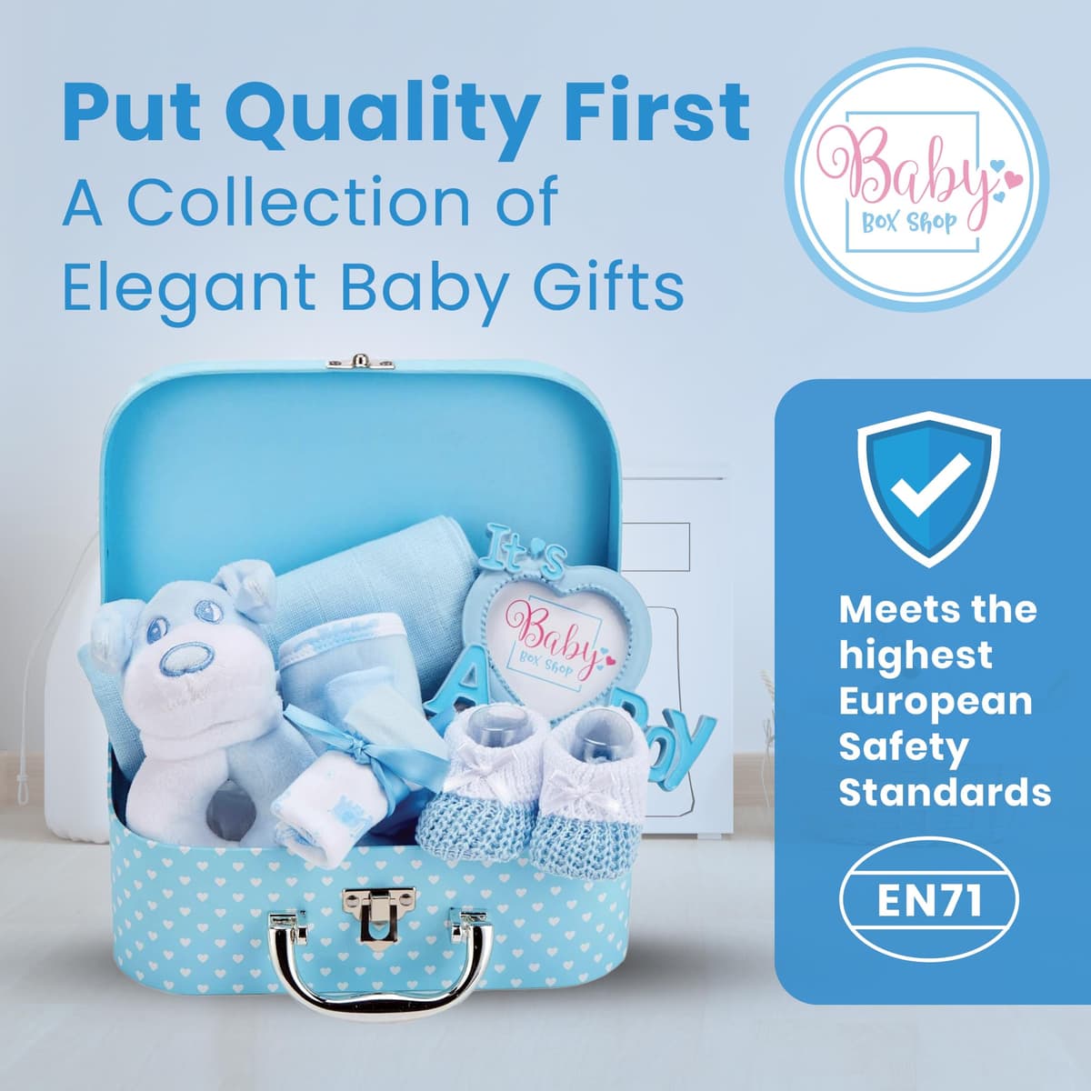 Baby Box Shop Newborn Baby Boy Gift Set Premium Gift-Ready Hamper with Rattle, Photo Frame, Muslin Cloth & Newborn Essentials in a Blue Keepsake Box - Ideal as Baby Shower Gifts for New Born Boys — view 6